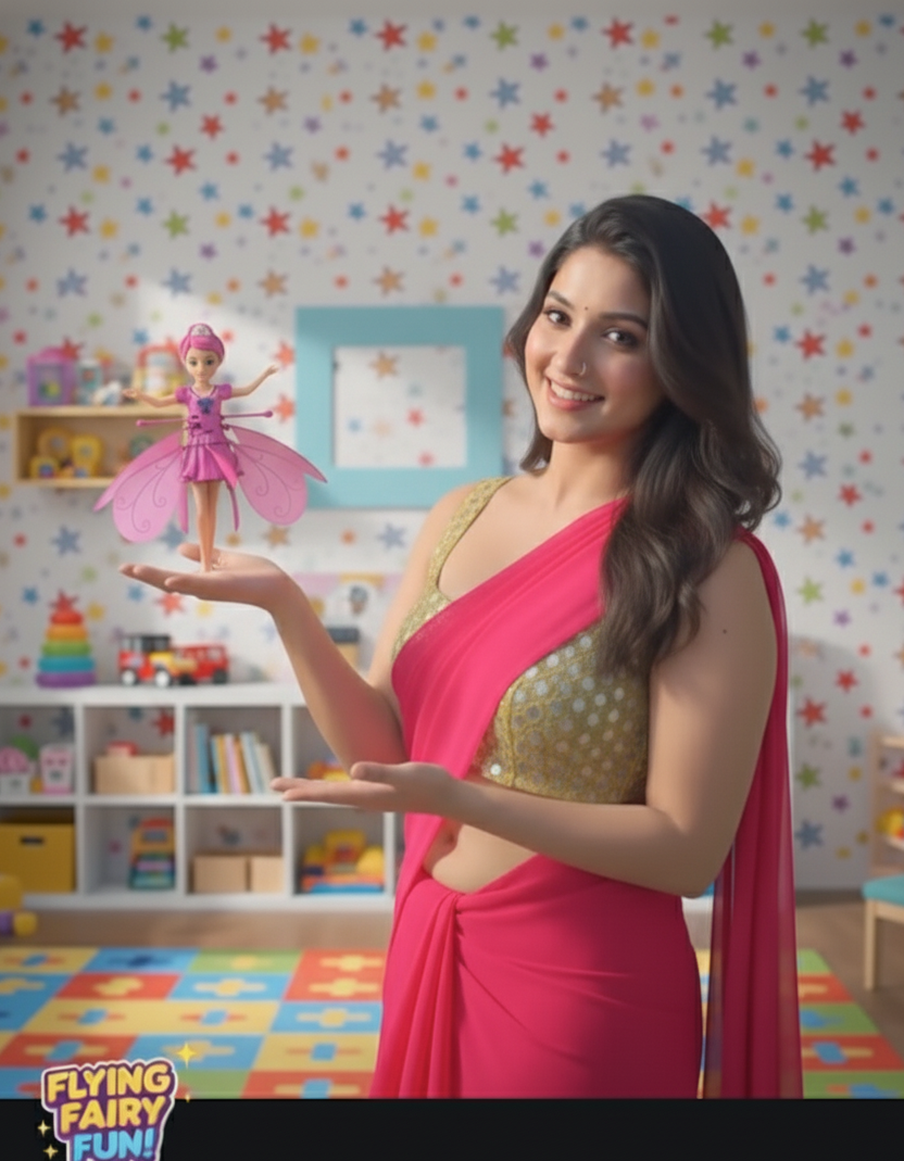 Woman in a pink saree holding a toy in a colorful room with toys and furniture.