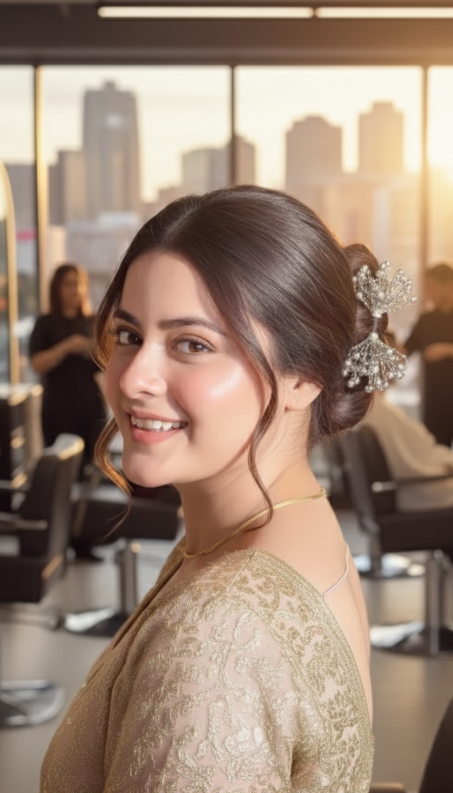 Woman with styled hair in a salon setting