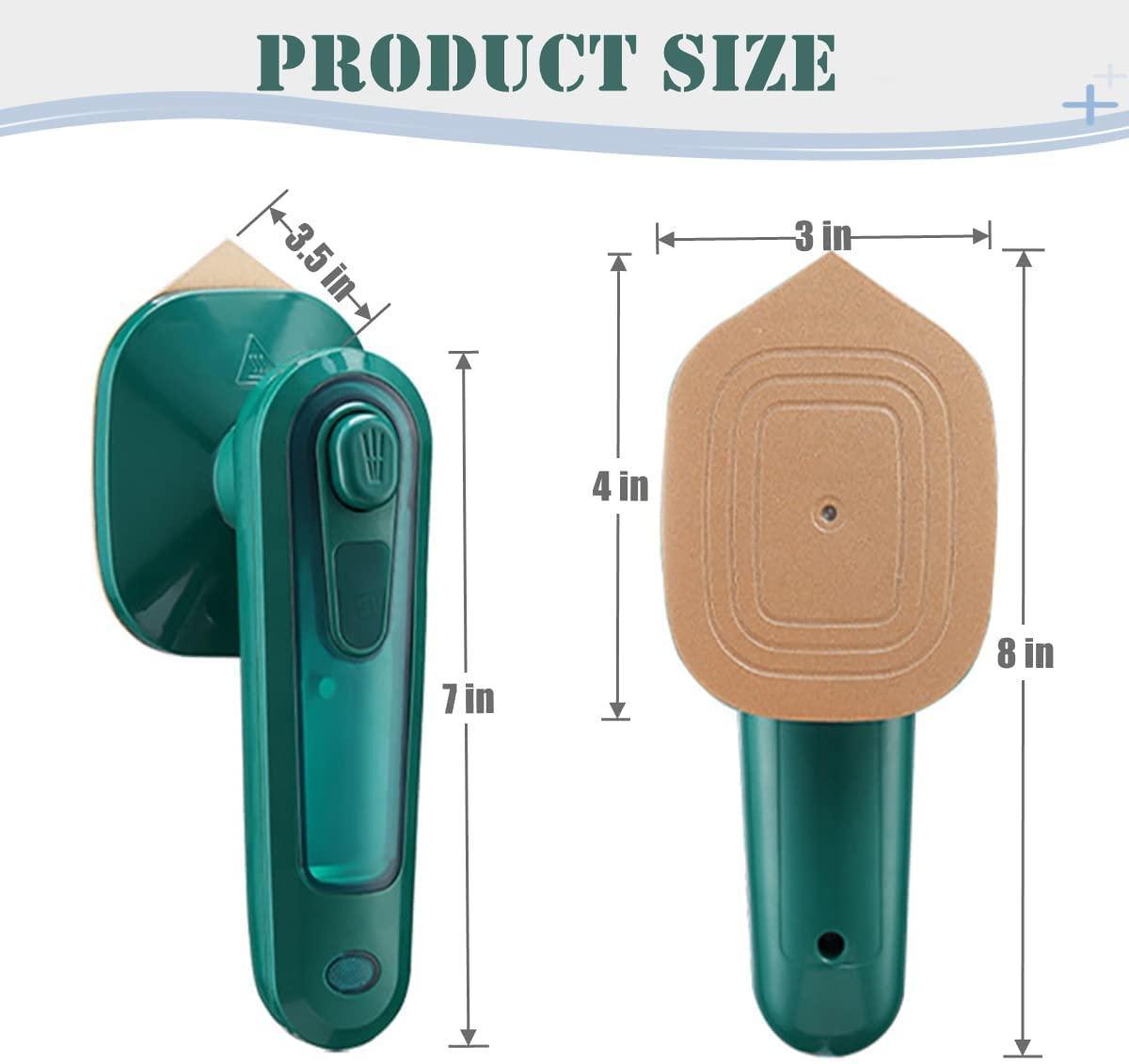 Measurement chart of a green hair removal device with a brown paddle attachment on a white background.